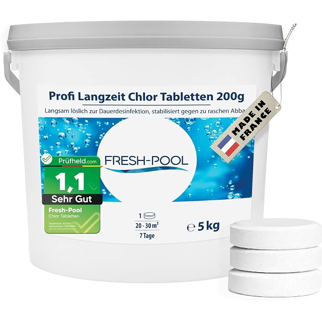 Fresh-Pool Langzeit-Chlortabletten zu 200 Gramm, einzeln versiegelt, in der Fünf-Kilogramm-Packung