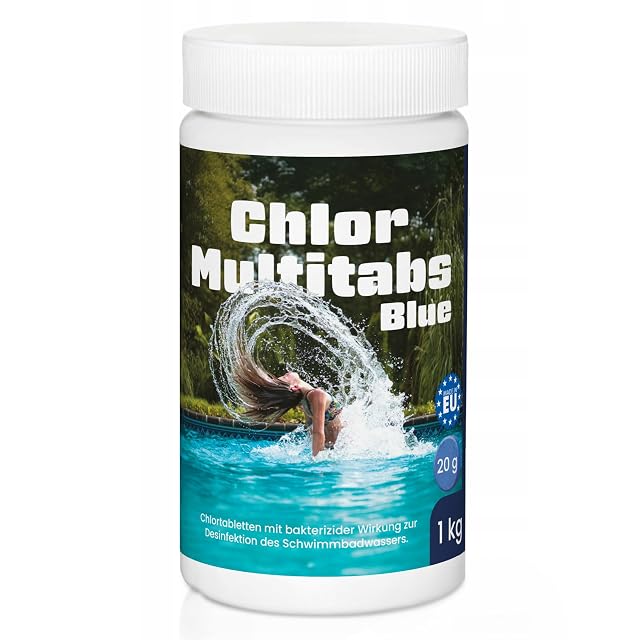 Blaue Medfuture 11-in-1-Chlor-Multitabletten zu 20 Gramm in einer wiederverschließbaren Ein-Kilogramm-Dose