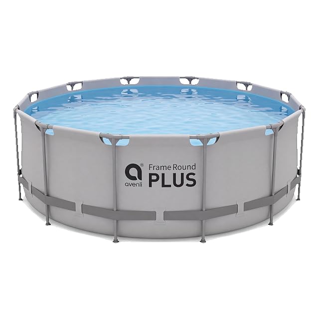 Grauer runder Avenli-Frame-Plus-Pool mit 366 cm Durchmesser und 122 cm Höhe auf einem Stahlrohrgestell