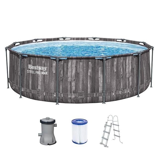 Rundes Bestway-Aufstellbecken in dunkler Mooreichen-Holzoptik, 366 cm Durchmesser und 100 cm Höhe, mit einer Sicherheitsleiter