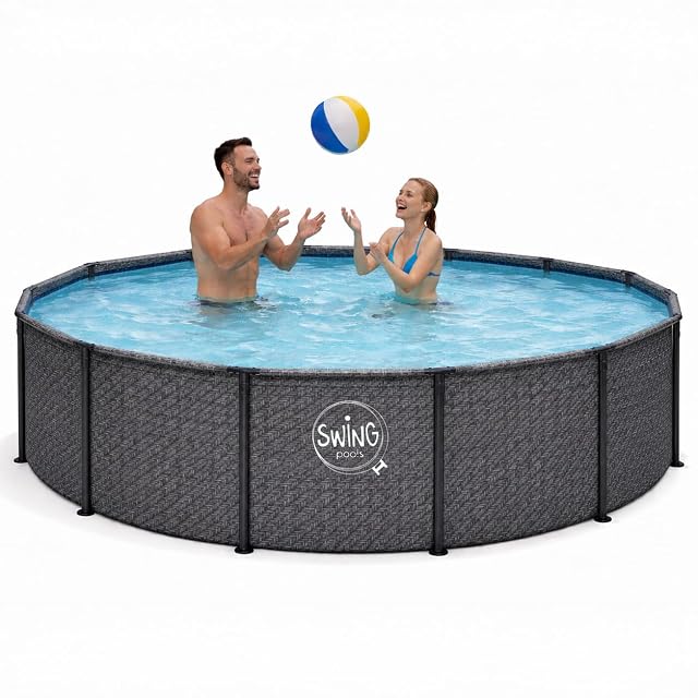 Rundes graues HAF-Swing-Frame-Pool-Becken mit Fischgrätmuster, 366 cm Durchmesser und 91 cm Tiefe