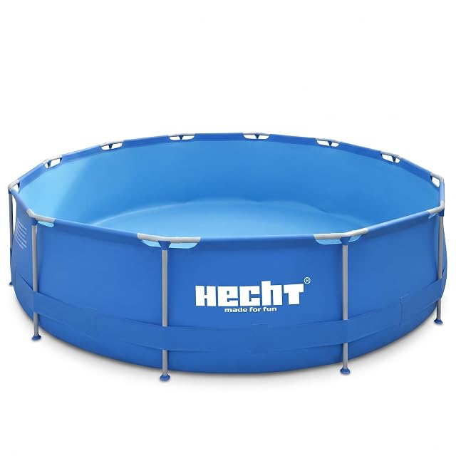 Rundes blaues Hecht-Stahlrahmen-Gartenbecken auf einem Metallrohrgestell, 300 cm Durchmesser und 76 cm Tiefe