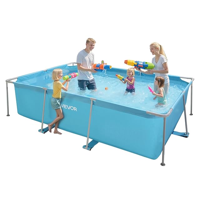 Blaues rechteckiges VEVOR-Frame-Becken auf einem Gestell aus beschichtetem Stahlrohr, 300 auf 200 cm und 76 cm hoch