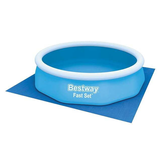 Blaue quadratische Bestway-Bodenplane aus Polyethylen, 335 mal 335 Zentimeter, flach ausgelegt