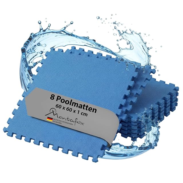 Blaue Montafox EVA-Puzzlebodenplatten, 60 cm im Quadrat und 1 cm dick, zu einer Matte zusammengesteckt
