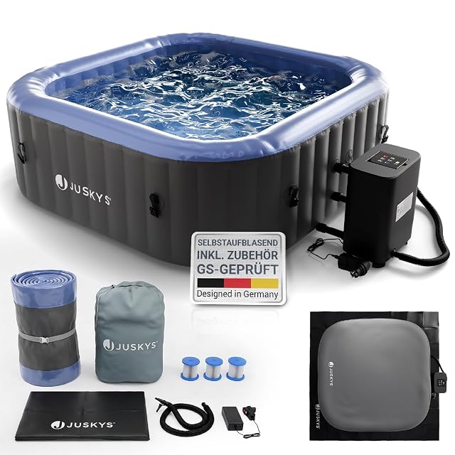 Grau-blauer aufblasbarer Juskys-SpaLuxe-Whirlpool mit Abdeckung und Transporttasche