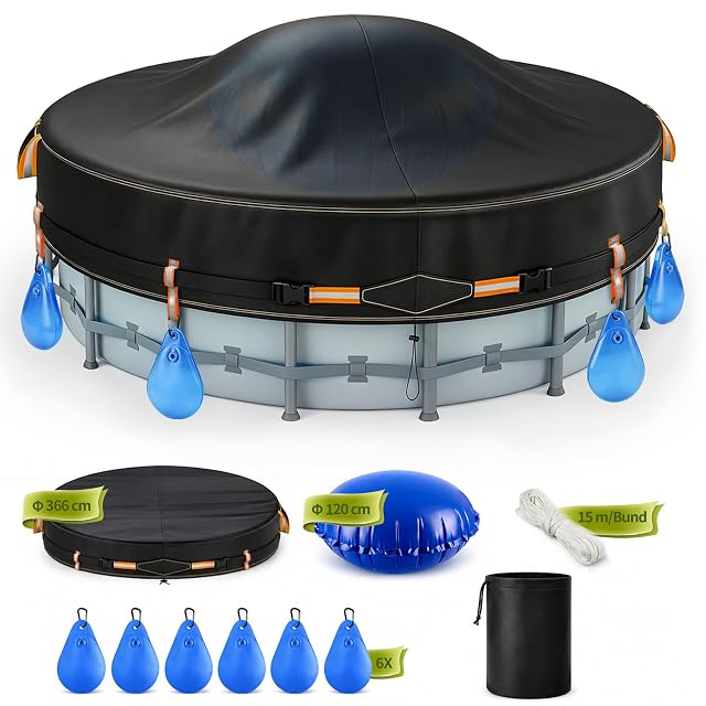 Biigdan Set aus runder Poolabdeckung mit Winterkissen und sechs Wassergewichtssäcken