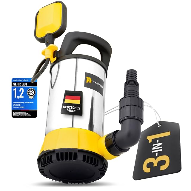 WARRIOR-3-in-1-Flachsaugpumpe für Schmutzwasser im Edelstahlgehäuse mit Tragetasche