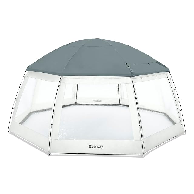 Bestway-Poolpavillon von 600 auf 295 cm mit acht durchsichtigen Fenstern und zwei Eingängen über einem großen runden Becken