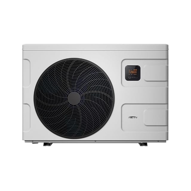ALSAVO-INVERBOOST-Inverter-Poolwärmepumpe im ABS-Gehäuse neben einem Becken