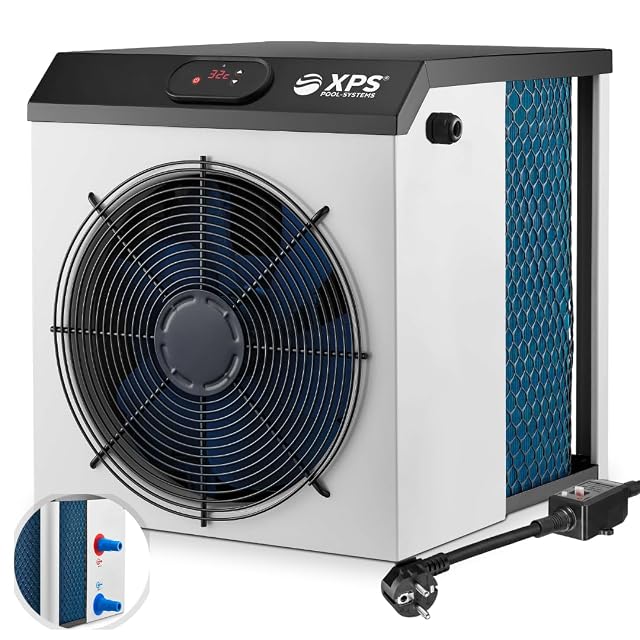 Kompakte Pool-Systems-XPS-35-Poolwärmepumpe neben einem Aufstellbecken
