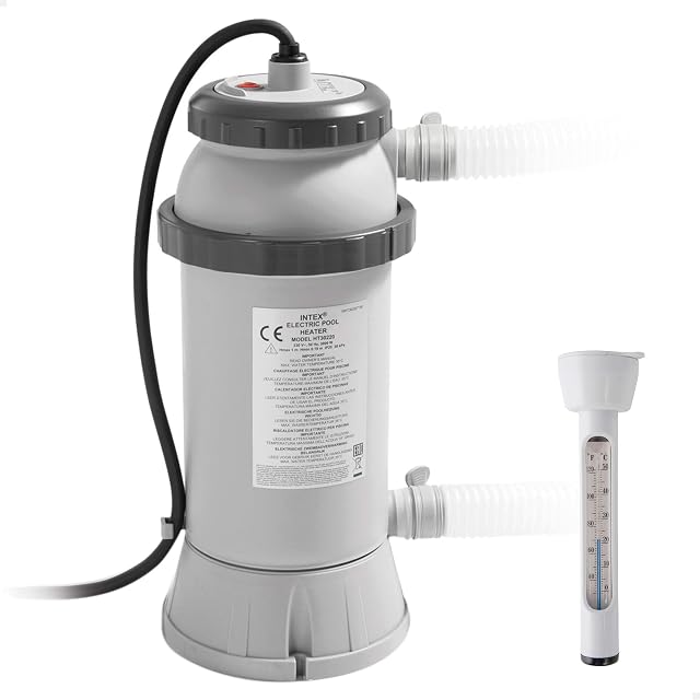 Zylindrische Intex-Poolheizung mit 25 cm Durchmesser und 45 cm Höhe, in die Filterleitung eines Frame-Beckens eingebunden