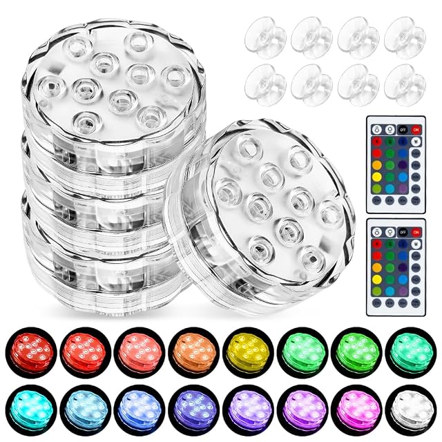 Vier mizikuu-Unterwasserleuchten mit RGB-LEDs, mit Magneten und Saugnäpfen