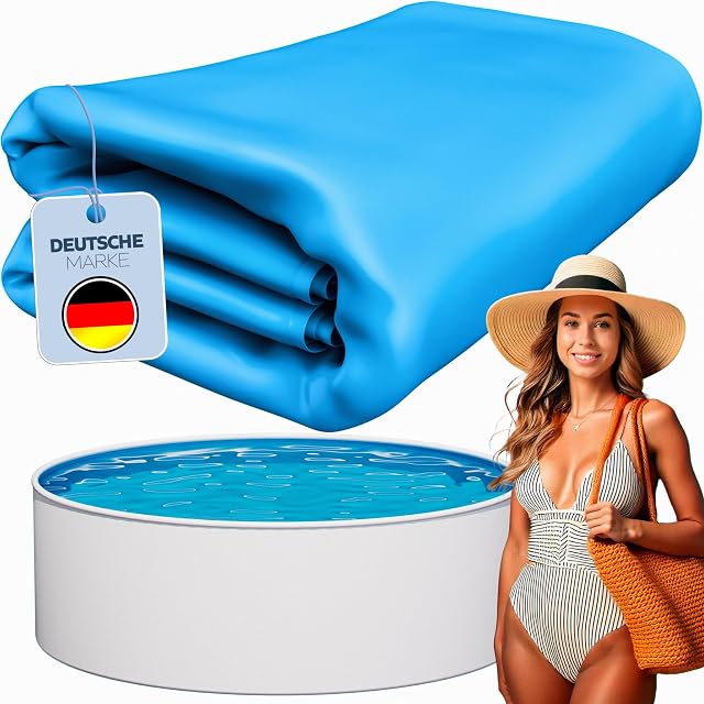 Blaue poolomio Überlappfolie für ein rundes Stahlwandbecken von 460 mal 90 Zentimetern