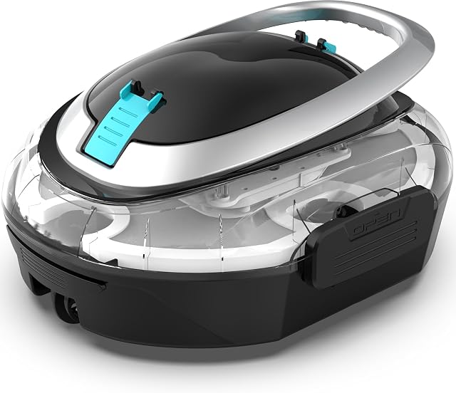 Kabelloser BRINBO-S2-Poolroboter mit durchsichtigem Gehäuse, das den Schmutzkorb im Inneren zeigt