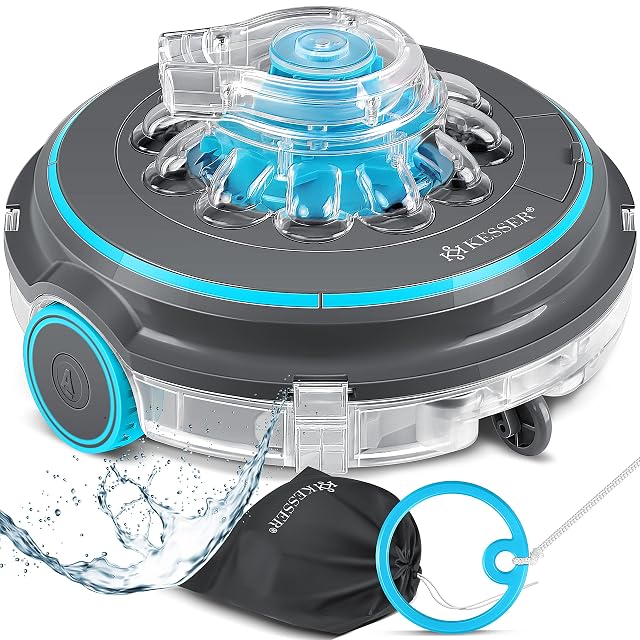 Anthrazitfarbener kabelloser KESSER-Aqua-9000-Poolroboter mit seiner Transporttasche