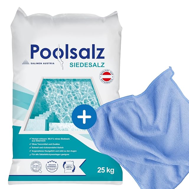 kör4u Poolsalz, ein 25-Kilogramm-Sack feines Siedesalz mit einem Mikrofasertuch