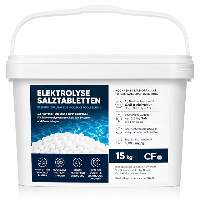 poolomio Salztabletten im 15-Kilogramm-Eimer mit Tragegriff, für salzarme Elektrolyse