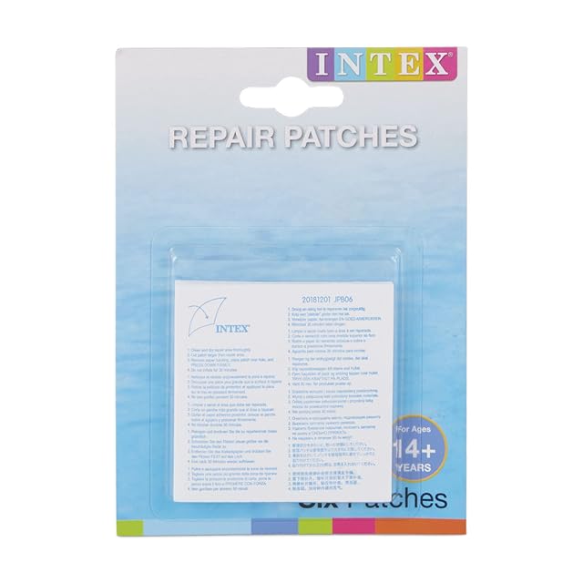 Sechs transparente Intex Reparaturflicken aus Vinyl, jeder 7 mal 7 Zentimeter