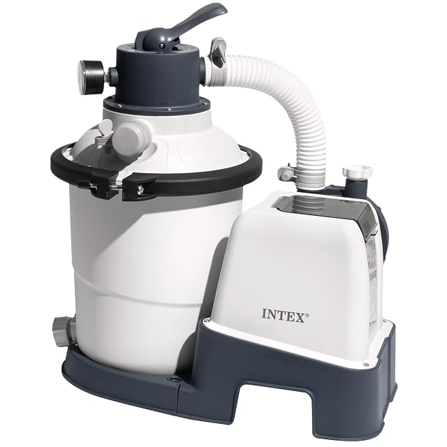 Intex-26642-Krystal-Clear-Sandfilterpumpe im weißen Gehäuse mit FI-Schutzschalter