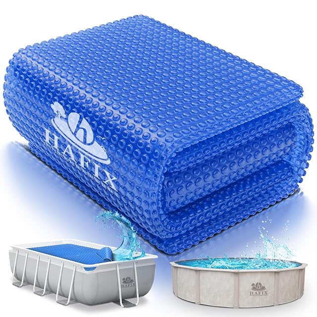Blaue HAFIX Solar-Noppenabdeckung, die auf einem runden Aufstellbecken schwimmt