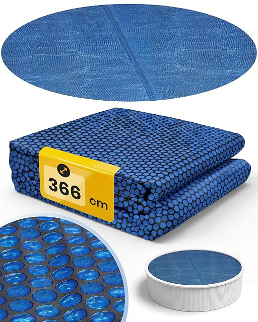 Runde Miganeo Solarabdeckung in Schwarz und Blau auf einer Beckenoberfläche