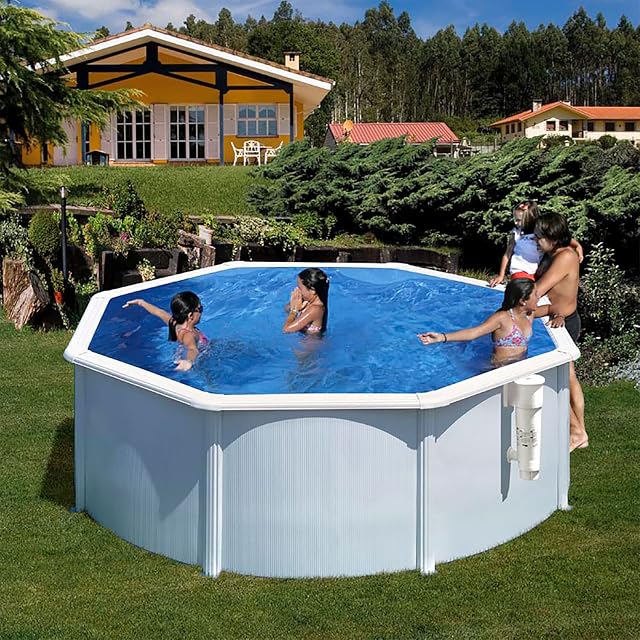 Weißes Paradies-Pool-Gre-GIANT-Stahlwandbecken mit 460 cm Durchmesser, breitem Handlauf und blauer Folie