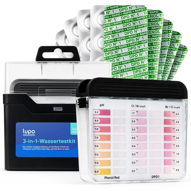 Lupo-3-in-1-Testset für Beckenwasser mit Zweikammer-Komparator, Tabletten und Aufbewahrungsbox